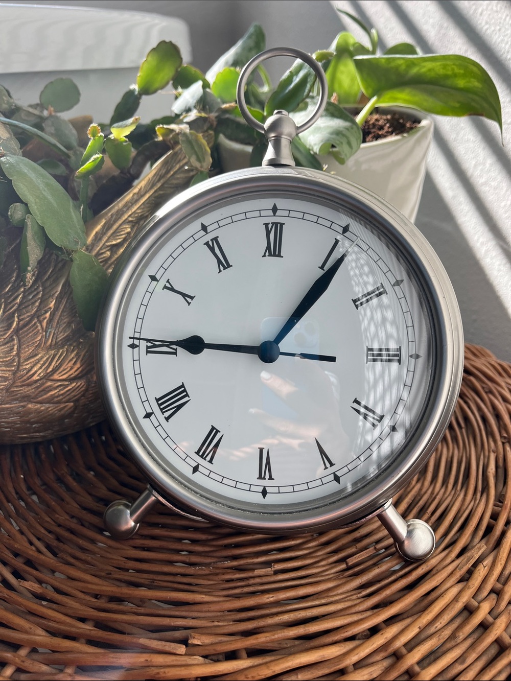 Pottery Barn Classic Round Silver Table Clock with Roman Numerals - Silver